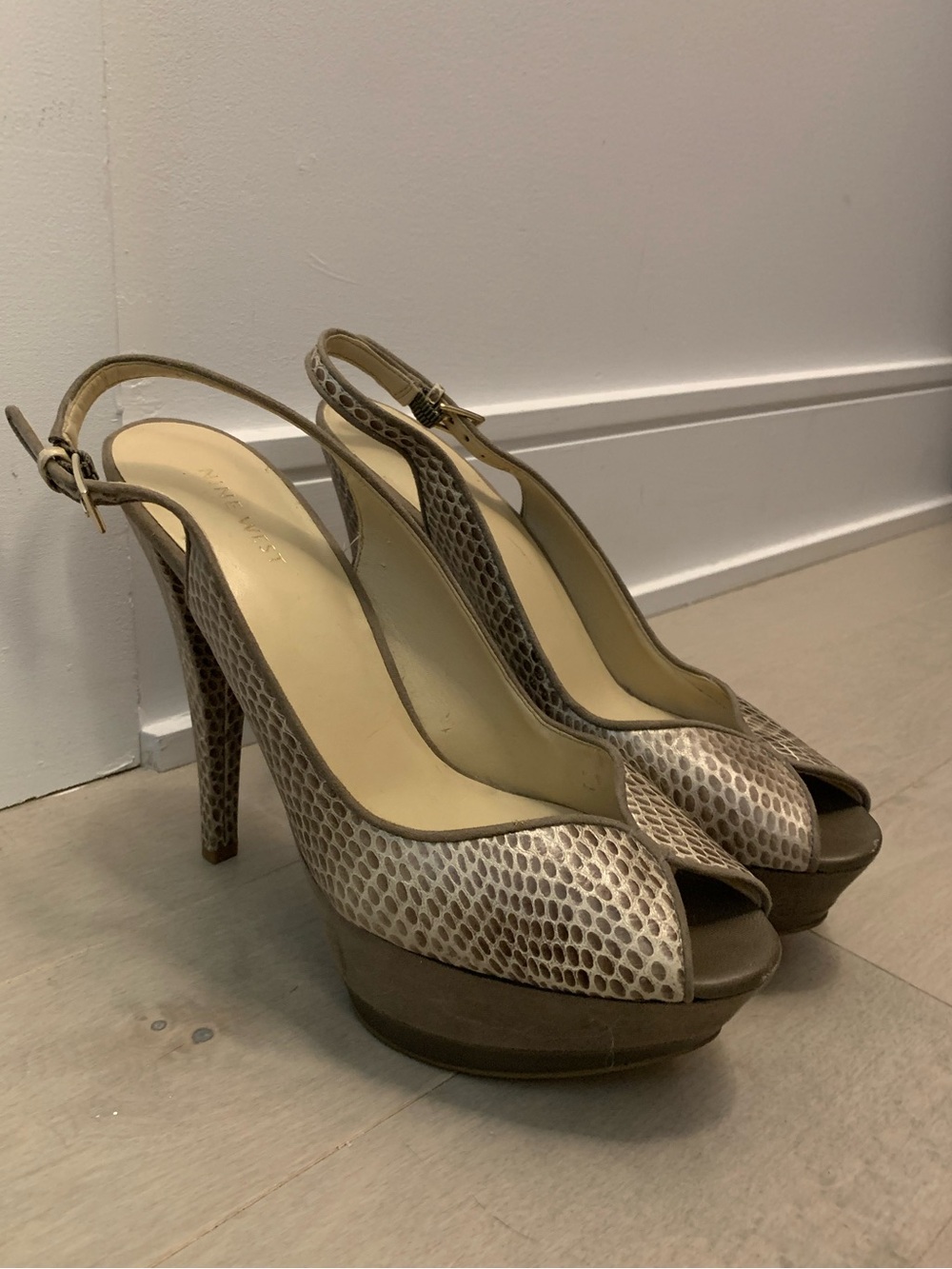 Nine West Grey Snake-Print Slingback Peep-Toe Platform Heels